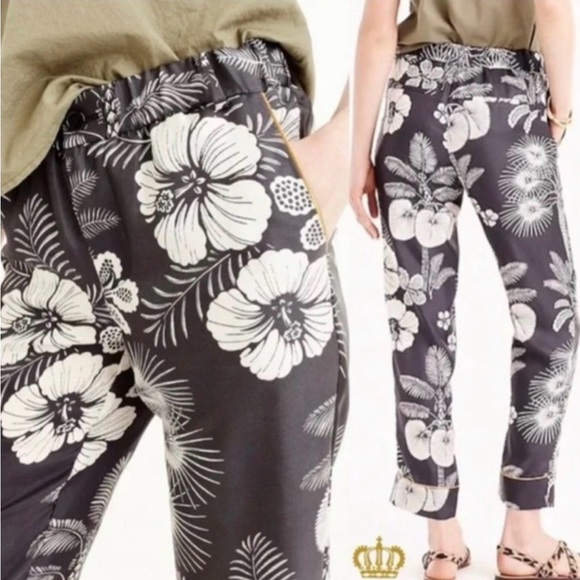 J. Crew Pants - J Crew 100% Silk Trouser Pants Women 6 Black Floral Crop Gold Piping Tropical